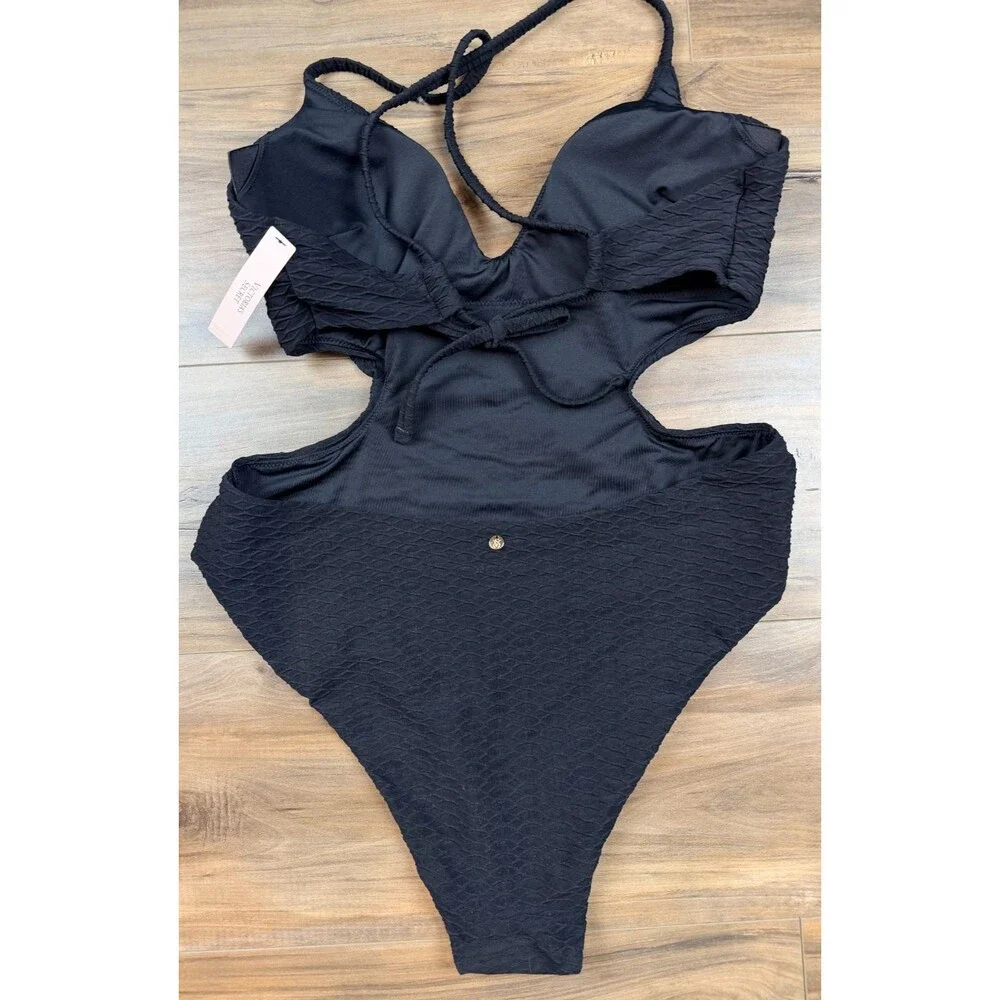 Victoria's Secret Black Textured Cut-Out Adj. Strap One Piece Swimsuit NWT SZ L